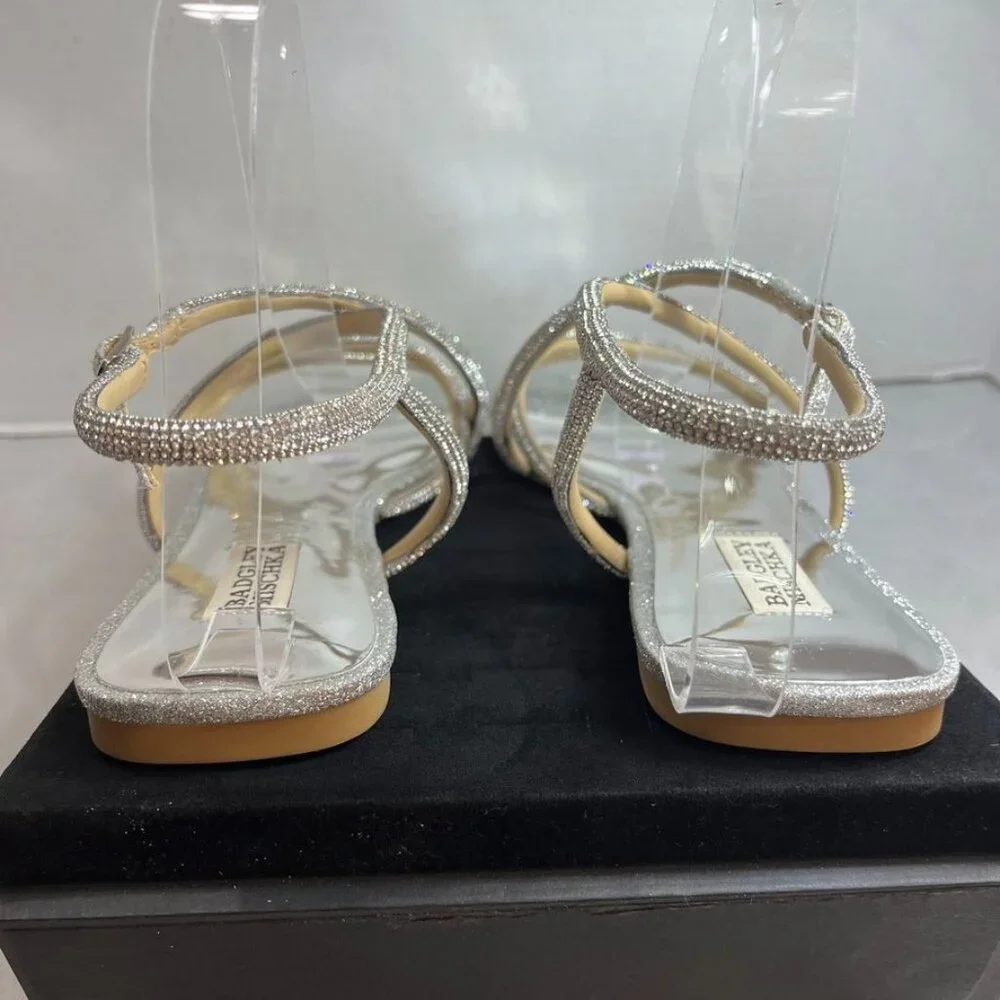 Badgley Mischka Crystal Strappy Flat Sandals Silver 10M